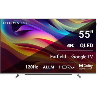 55" Телевизор Digma Pro QLED 55L черный/серебристый 3840x2160, 4K Ultra HD, 120 Гц, Wi-Fi, Smart TV, Google TV