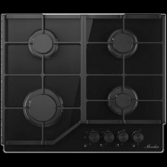 Варочная поверхность MONSHER MGG 62 Noir High-Tech, газ, 59см, газ-контроль, автоматический электроподжиг, чугунные решетки